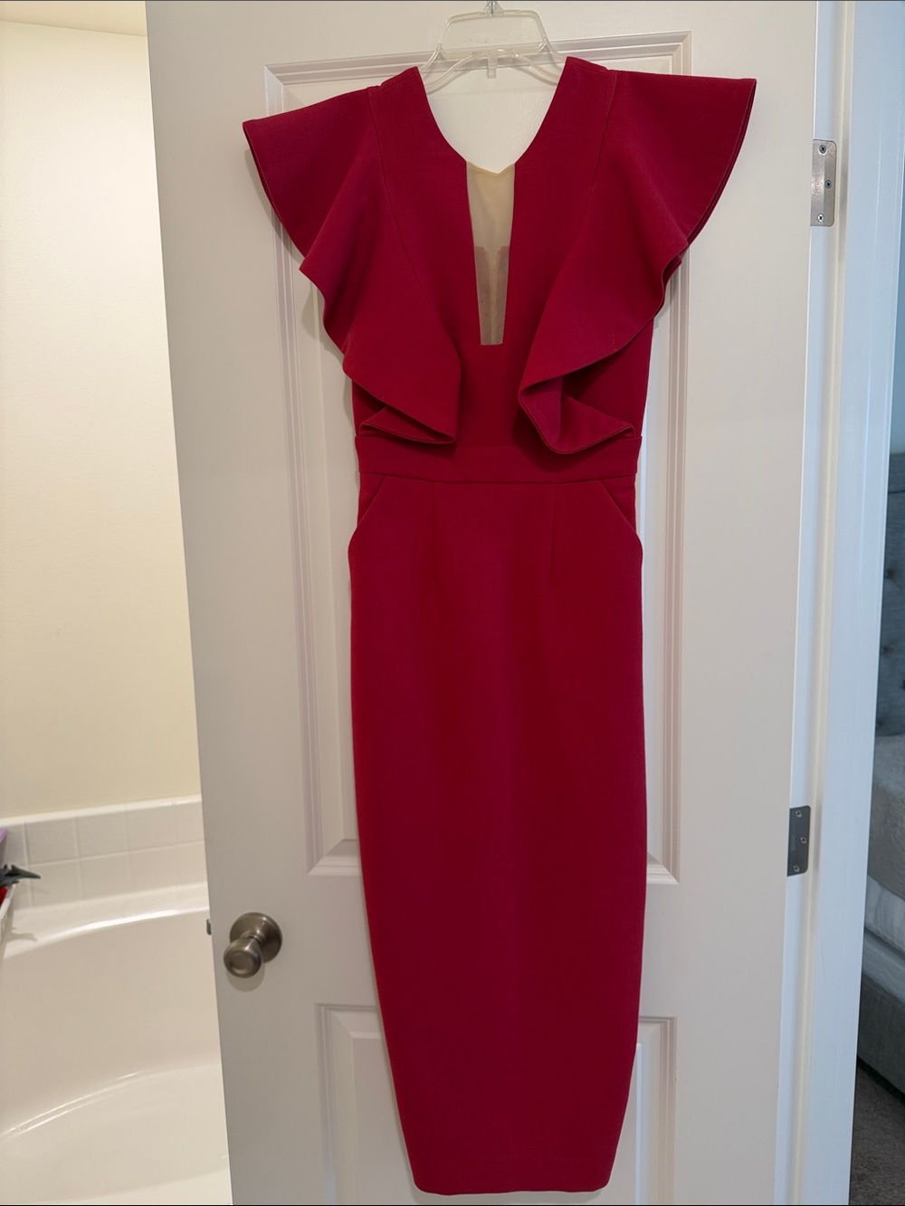 Three Floor Berry Red Ruffle Midi Dress